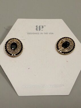 Bomb Party Earrings - Gold and Black Crystal Round Stud Earrings - Women Jewelry